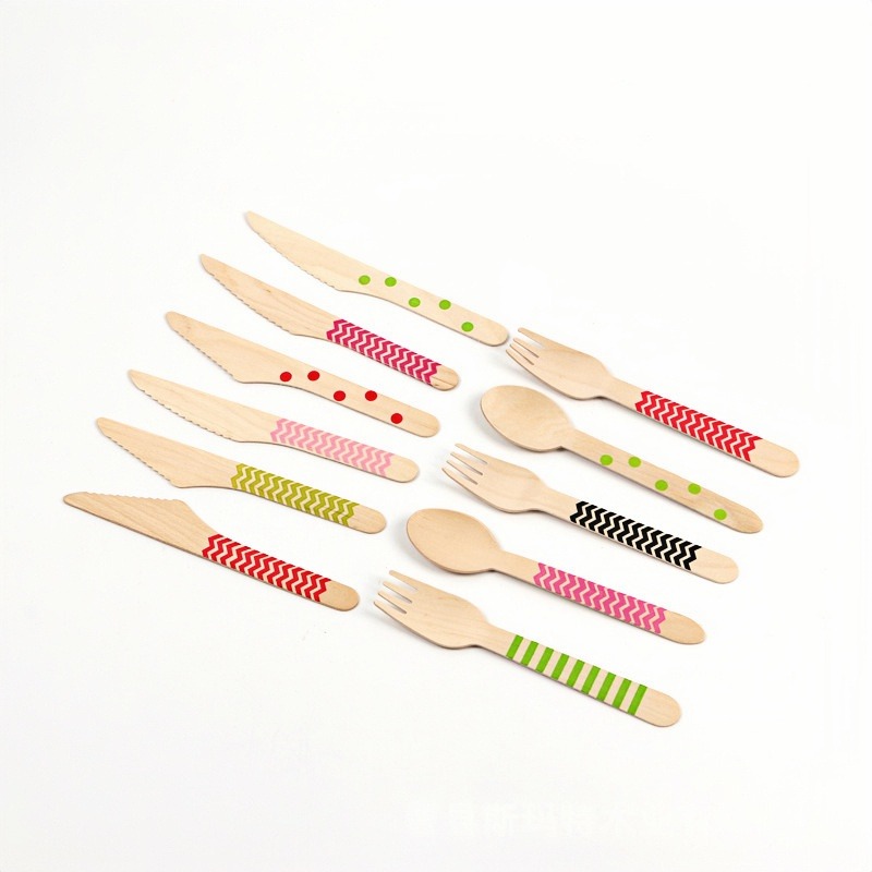 100pcs/pack Striped printed Wood Fork Spoon Knife Set